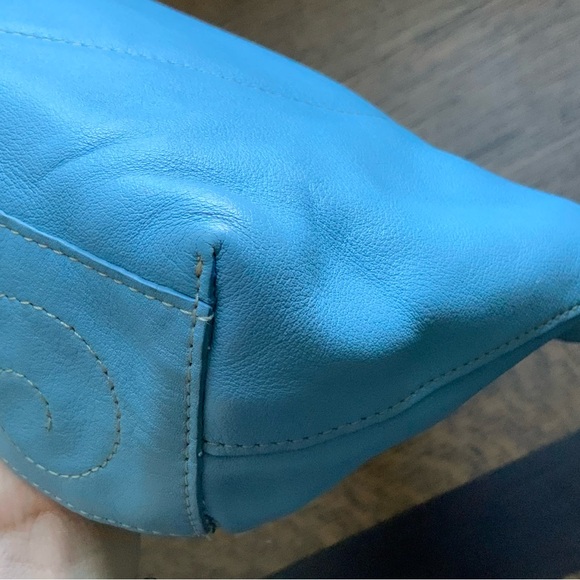 Vintage BRIGHTON Blue Smooth Leather Heart Stitched Small Tote Purse Romantic - Picture 16 of 16